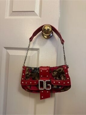 Dolce & Gabbana Red Studded Shoulder Bag with Crystal DG Buckle